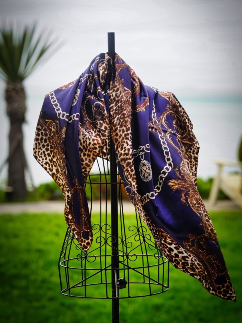 Vintage Baroque Navy Blue Leopard Print Chain Link Silk Touch Square Scarf